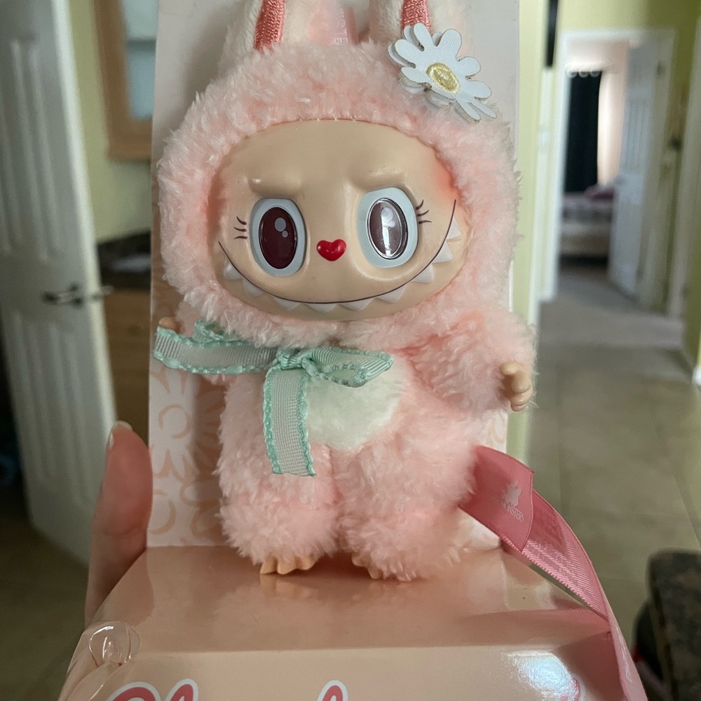 Cute Pink Labubu Plush Key chain pendant close to Sweet